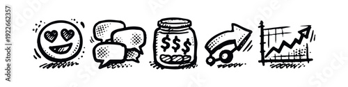 Hand-Drawn Positive Business and Social Media Icons Set - Grunge Doodle