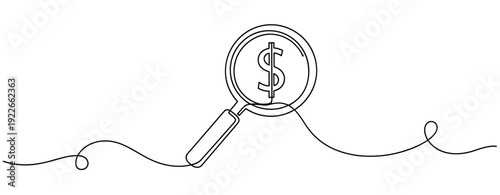 Single-line art of magnifying glass with dollar sign depiction. No editable stroke