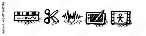Hand-Drawn Creative Production and Editing Icons Set - Grunge Style