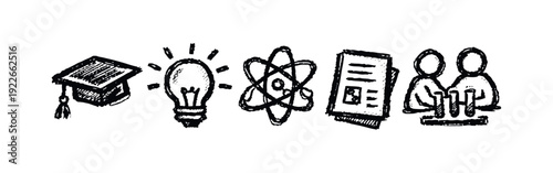 Learning and Science Icons Illustrating Academic Achievement, Ideas, and Laboratory Work