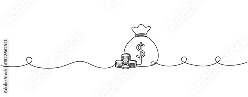 Minimalist continuous line drawing of money bag with coins and dollar symbol. No editable stroke