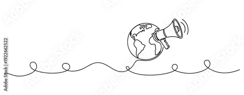 Continuous line drawing of earth with megaphone: global communication concept. No editable stroke