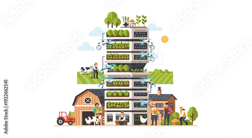 Vertical Farm Skyscraper Illustration. Smart Agriculture, Future Farming Technology, Automated Robotics and Drones.