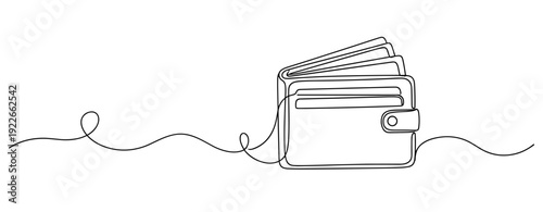Minimalist continuous line drawing of wallet with cards on white background. No editable stroke