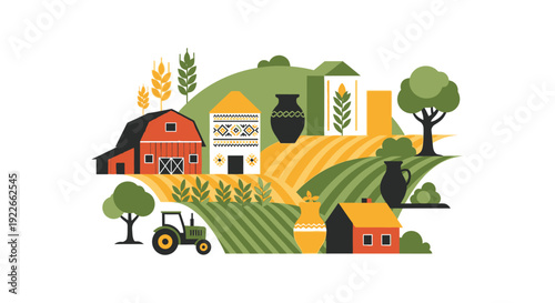 Vibrant Farm Landscape Illustration: Geometric Agriculture Scene with Red Barn, Tractor, Rolling Fields, and Harvest Symbols on White.
