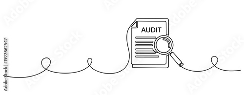 Audit document with magnifying glass illustration on white background. No editable stroke