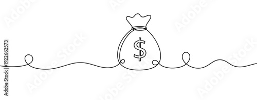Minimalist line art of money bag with dollar symbol on white background. No editable stroke