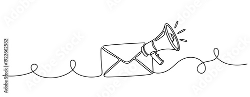 Continuous line drawing of envelope and megaphone symbolizing communication and announcements. No editable stroke