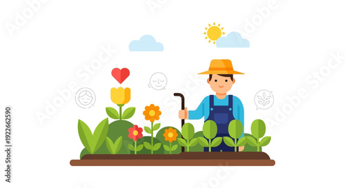Happy Gardener Man Tending Flower Bed and Seedlings. Flat Vector Illustration of Farming, Hobby, and Sustainable Growth Concept.