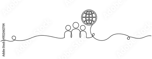 Continuous line drawing of people with globe, symbolizing global communication and connection. No editable stroke