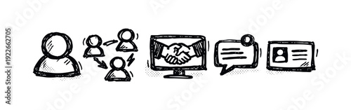 Dynamic online business and networking icons: connections, agreement, messaging. Hand-drawn digital communication elements.