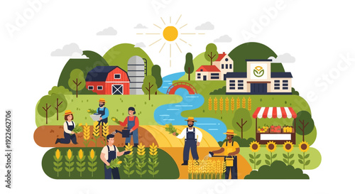 Diverse Farmers Working and Harvesting Crops in a Rural Community Landscape. Flat Vector Illustration of Sustainable Agriculture and Farm-to-Table Scene