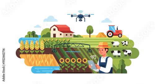 Precision Agriculture and Smart Farming Illustration. Farmer uses tablet to control drone and automated irrigation system on modern crop field with livestock.