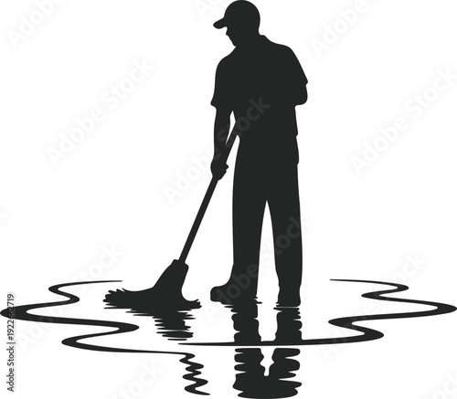 Cleaner Standing with Mop and Bucket Silhouette