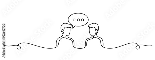 Continuous line drawing of two people in conversation with speech bubble. No editable stroke