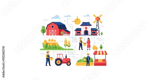 Agribusiness and Farm to Market Supply Chain Vector Illustration. Farmers, Crops, Tractor, Barn, and Local Market Stand Concept.
