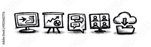 Hand-drawn set of online presentation and data sharing icons, featuring cloud storage and virtual collaboration.