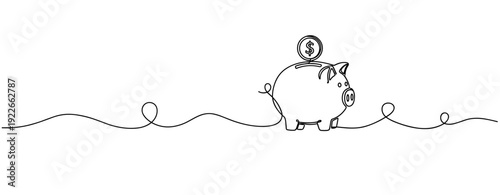 Minimalistic piggy bank design with a single coin and continuous line art. No editable stroke