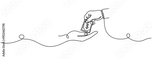 Continuous line drawing of a hand giving a dollar bill to another hand. No editable stroke
