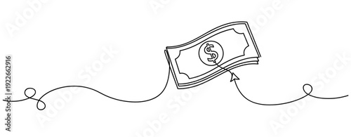 Continuous line drawing of a dollar bill with mouse cursor emphasizing financial concept. No editable stroke