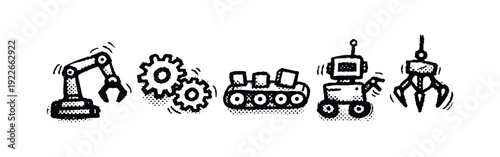 Advanced Robotics and Mechanical Automation Doodle Icons Set