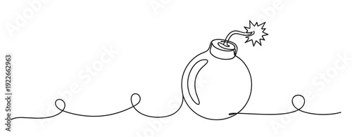 Continuous line drawing of a bomb with a lit fuse on white background. No editable stroke