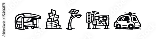 Smart City Infrastructure and Urban Life Hand Drawn Icons Set