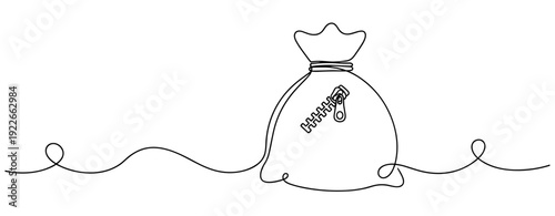 Continuous line drawing of zippered money bag. No editable stroke