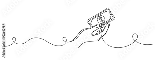 Continuous line drawing of a hand holding money against white background. No editable stroke