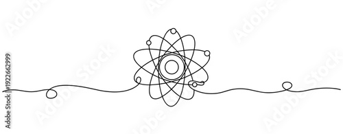 Continuous line drawing of an atom structure with electrons and nucleus. No editable stroke