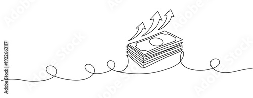 Line art illustration of rising money in simple black and white design. No editable stroke
