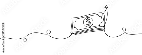 Minimalist line drawing of increasing money with arrow symbolizing financial growth. No editable stroke