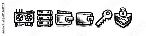 Set of hand-drawn style cryptocurrency mining, wallet, and security icons.
