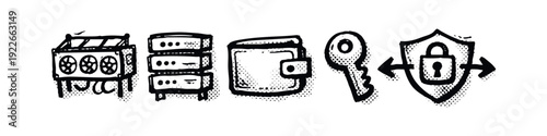 Set of hand-drawn style investment, growth, and voting icons with coins, plant, and ballot box.