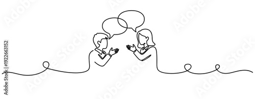 Continuous line drawing: two adults engaged in conversation with speech bubbles. No editable stroke