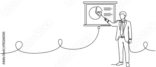 Male executive presenting data to caucasian business audience using pie charts. No editable stroke