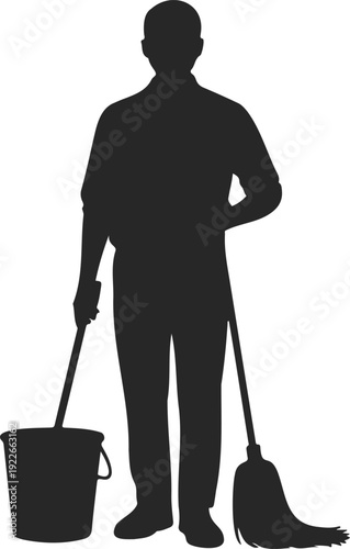 Male Janitor with Cleaning Tools Silhouette Icon