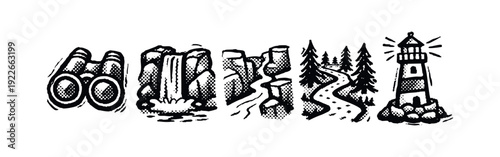 Monochrome Hand-Drawn Nature and Exploration Icons