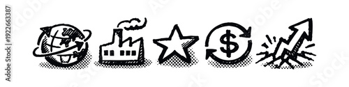 Hand-drawn Business and Economic Icons Set - Global, Factory, Star, Finance, Growth