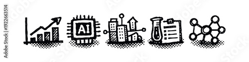 Business, Technology and Science Hand-Drawn Icons Set with Halftone Effect.