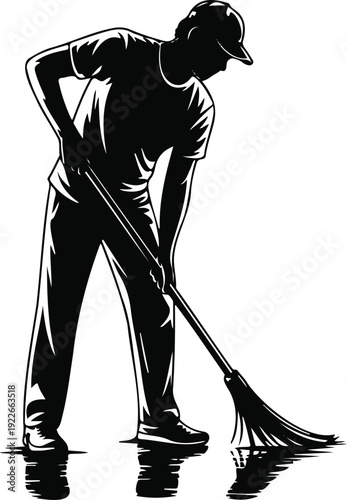 Man Cleaning Floor with Mop Silhouette Illustration