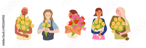 Set of happy girls with flower bouquets. Young women holding tulips. Romantic flat vector characters for Valentine's Day, March 8, Mothers Day, Tulip Day, Mother's Day greeting cards, posters, gifts.