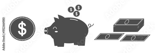 Piggy bank with dollar coin and stacks of money banknotes silhouette illustration