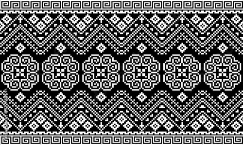 Black and white geometric and pixel art pattern inspired by contemporary Thai ornamental art blended with ethnic tribal elements. Featuring symmetrical lines and seamless repetition, 