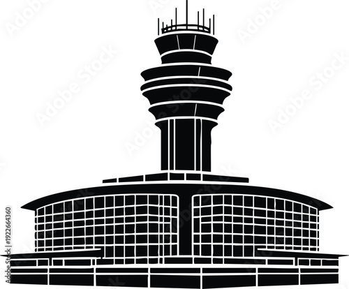 Air traffic control tower silhouette modern airport building for aviation and travel concepts isolated on white background