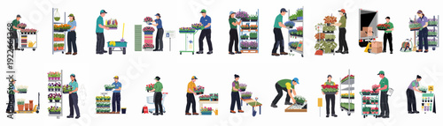 Garden center employees work diligently, transporting, stocking, and arranging various colorful plants and flowers for sale, showcasing daily operations in a vibrant nursery environment.