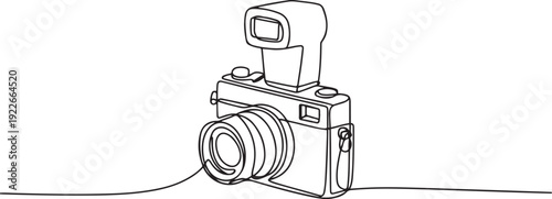 Single continuous line drawing of old retro analog camera medium format with blitz flash light. Vintage photography equipment concept. one line Icon drawing