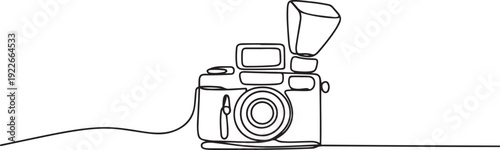 Single continuous line drawing of old retro analog camera medium format with blitz flash light. Vintage photography equipment concept. one line Icon drawing