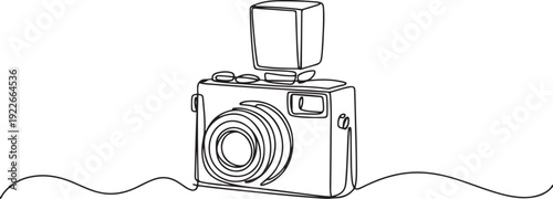 Single continuous line drawing of old retro analog camera medium format with blitz flash light. Vintage photography equipment concept. one line Icon drawing