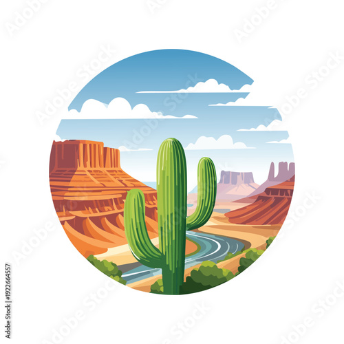 Desert landscape with cactus and road in circular composition